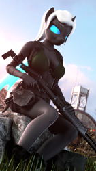 Size: 1080x1920 | Tagged: safe, artist:jacob_lhh3, imported from derpibooru, oc, oc only, oc:dragonfly, anthro, changeling, plantigrade anthro, 3d, bra, breasts, changeling oc, clothes, female, glowing eyes, guard tower, gun, handgun, hangar, holster, looking at you, military, outdoors, pistol, ponytail, reasonably shaped breasts, reasonably sized breasts, shotgun, sitting, smiling, smirk, solo, source filmmaker, spas-12, tattoo, trigger discipline, underwear, wings