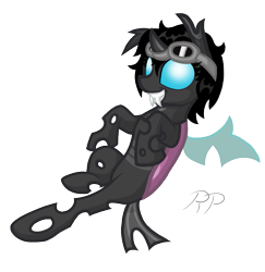 Size: 637x655 | Tagged: safe, artist:ravenpuff, imported from derpibooru, oc, oc only, oc:puffy, changeling, changeling oc, fangs, female, flying, goggles, grin, simple background, smiling, solo, transparent background
