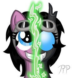 Size: 523x567 | Tagged: safe, artist:ravenpuff, imported from derpibooru, oc, oc only, oc:puffy, changeling, bust, changeling oc, fangs, female, goggles, mare, shapeshifting, signature, simple background, smiling, transformation, transparent background, two sided posters