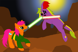 Size: 1631x1087 | Tagged: safe, artist:chili19, imported from derpibooru, oc, oc only, oc:maurus, oc:orange sky, clothes, crossover, desert, duo, fight, jumping, leonine tail, lightsaber, mouth hold, planet, star wars, weapon