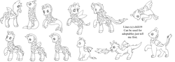 Size: 4389x1558 | Tagged: safe, artist:chili19, imported from derpibooru, oc, oc only, dragon, earth pony, giraffe, griffon, hybrid, original species, pegasus, pony, sea pony, unicorn, earth pony oc, fire, girafficorn, horn, lineart, monochrome, pegasus oc, unicorn oc, wings