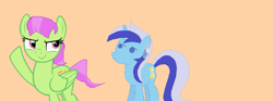 Size: 1911x712 | Tagged: safe, artist:1126jewel5, imported from derpibooru, merry may, minuette, pegasus, pony, unicorn, raised hoof, sweatdrop