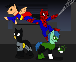 Size: 1703x1391 | Tagged: safe, artist:chili19, imported from derpibooru, earth pony, pegasus, pony, batman, cape, clothes, costume, crossover, flying, green lantern, male, mask, ponified, spider-man, stallion, superman, swinging