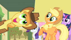 Size: 1280x720 | Tagged: safe, imported from derpibooru, screencap, applejack, braeburn, fluttershy, rarity, twilight sparkle, earth pony, pegasus, pony, unicorn, over a barrel, season 1, applejack's hat, appleloosa, cowboy hat, faic, female, hat, male, mare, stallion