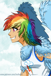 Size: 1181x1772 | Tagged: safe, artist:inuhoshi-to-darkpen, imported from derpibooru, rainbow dash, human, chest feathers, clothes, female, fluffy, grin, humanized, shoulder feathers, smiling, solo, tanktop, winged humanization, wings