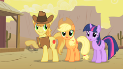 Size: 1280x720 | Tagged: safe, imported from derpibooru, screencap, applejack, braeburn, twilight sparkle, earth pony, pony, unicorn, over a barrel, female, male, mare, stallion, trio