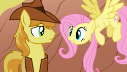 Size: 1280x720 | Tagged: safe, imported from derpibooru, screencap, braeburn, fluttershy, earth pony, pegasus, pony, over a barrel, duo, female, male, mare, stallion