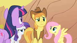 Size: 1280x720 | Tagged: safe, imported from derpibooru, screencap, braeburn, fluttershy, rarity, twilight sparkle, pegasus, pony, unicorn, over a barrel, female, hat, male, mare, spread wings, stallion, wings