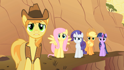 Size: 1280x720 | Tagged: safe, imported from derpibooru, screencap, applejack, braeburn, fluttershy, rarity, twilight sparkle, earth pony, pegasus, pony, unicorn, over a barrel, female, male, mare, stallion