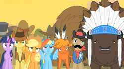 Size: 1280x720 | Tagged: safe, imported from derpibooru, screencap, applejack, braeburn, little strongheart, rainbow dash, sheriff silverstar, twilight sparkle, buffalo, earth pony, pegasus, pony, unicorn, over a barrel, female, male, mare, stallion