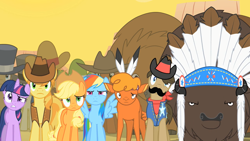 Size: 1280x720 | Tagged: safe, imported from derpibooru, screencap, applejack, braeburn, chief thunderhooves, little strongheart, rainbow dash, sheriff silverstar, twilight sparkle, buffalo, earth pony, pegasus, pony, unicorn, over a barrel, female, male, mare, stallion