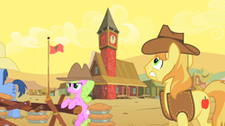 Size: 1280x720 | Tagged: safe, imported from derpibooru, screencap, blues, braeburn, daisy, flower wishes, noteworthy, earth pony, pony, over a barrel, female, flag, flag pole, food, male, mare, pie, stallion