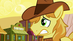 Size: 1280x720 | Tagged: safe, imported from derpibooru, screencap, braeburn, earth pony, pony, over a barrel, appleloosa, faic, male, nervous, solo, stallion