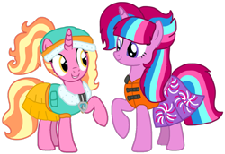 Size: 1393x957 | Tagged: safe, artist:徐詩珮, imported from derpibooru, luster dawn, oc, oc:bubble sparkle, alicorn, unicorn, series:sprglitemplight diary, series:sprglitemplight life jacket days, series:springshadowdrops diary, series:springshadowdrops life jacket days, alicorn oc, alternate universe, base used, bubbledawn, canon x oc, clothes, cute, female, horn, lesbian, lifejacket, magical lesbian spawn, multiple parents, next generation, offspring, offspring shipping, parent:glitter drops, parent:spring rain, parent:tempest shadow, parent:twilight sparkle, parents:glittershadow, parents:sprglitemplight, parents:springdrops, parents:springshadow, parents:springshadowdrops, paw patrol, shipping, simple background, swimsuit, transparent background