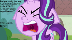 Size: 1280x720 | Tagged: safe, edit, edited screencap, imported from derpibooru, screencap, starlight glimmer, pony, the parent map, censored vulgarity, chemistry, chemistry joke, faic, female, floppy ears, grawlixes, solo, speech, this will end in explosions, you fool