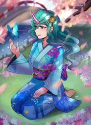 Size: 800x1091 | Tagged: safe, artist:tzc, imported from derpibooru, mistmane, butterfly, human, anime, barefoot, bridge, cherry blossoms, clothes, commission, feet, female, flower, flower blossom, flower in hair, horn, horned humanization, humanized, kimono (clothing), kneeling, river, sitting, solo, young mistmane, younger, yukata