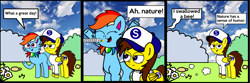 Size: 2248x750 | Tagged: safe, artist:sebtheartist, deleted from derpibooru, imported from derpibooru, rainbow dash, oc, oc:ponyseb, oc:rainbow eevee, bee, earth pony, eevee, insect, pegasus, alternate color palette, bipedal, bush, comic strip, duo, flower, garfield, open mouth, outdoors, pokémon, sky, this will end in pain