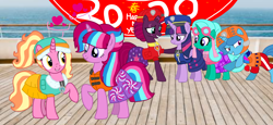 Size: 2340x1080 | Tagged: safe, artist:徐詩珮, imported from derpibooru, fizzlepop berrytwist, glitter drops, luster dawn, spring rain, tempest shadow, twilight sparkle, oc, oc:bubble sparkle, alicorn, unicorn, series:sprglitemplight diary, series:sprglitemplight life jacket days, series:springshadowdrops diary, series:springshadowdrops life jacket days, alicorn oc, alternate universe, base used, bisexual, broken horn, bubbledawn, canon x oc, clothes, cute, equestria girls outfit, female, glitterbetes, glitterlight, glittershadow, happy new year, happy new year 2020, heart, holiday, horn, lesbian, lifeguard, lifeguard spring rain, lifejacket, magical lesbian spawn, multiple parents, next generation, offspring, offspring shipping, parent:glitter drops, parent:spring rain, parent:tempest shadow, parent:twilight sparkle, parents:glittershadow, parents:sprglitemplight, parents:springdrops, parents:springshadow, parents:springshadowdrops, paw patrol, polyamory, shipping, sprglitemplight, springbetes, springdrops, springlight, springshadow, springshadowdrops, swimsuit, tempestbetes, tempestlight, twilight sparkle (alicorn)