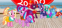 Size: 2340x1080 | Tagged: safe, artist:徐詩珮, imported from derpibooru, fizzlepop berrytwist, glitter drops, luster dawn, spring rain, tempest shadow, twilight sparkle, oc, oc:bubble sparkle, alicorn, unicorn, series:sprglitemplight diary, series:sprglitemplight life jacket days, series:springshadowdrops diary, series:springshadowdrops life jacket days, alicorn oc, alternate universe, base used, bisexual, broken horn, bubbledawn, canon x oc, clothes, cute, equestria girls outfit, female, glitterbetes, glitterlight, glittershadow, happy new year, happy new year 2020, holiday, horn, lesbian, lifeguard, lifeguard spring rain, lifejacket, magical lesbian spawn, multiple parents, next generation, offspring, offspring shipping, parent:glitter drops, parent:spring rain, parent:tempest shadow, parent:twilight sparkle, parents:glittershadow, parents:sprglitemplight, parents:springdrops, parents:springshadow, parents:springshadowdrops, paw patrol, polyamory, shipping, sprglitemplight, springbetes, springdrops, springlight, springshadow, springshadowdrops, swimsuit, tempestbetes, tempestlight, twilight sparkle (alicorn)