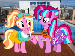 Size: 1440x1080 | Tagged: safe, artist:徐詩珮, imported from derpibooru, luster dawn, oc, oc:bubble sparkle, alicorn, unicorn, series:sprglitemplight diary, series:sprglitemplight life jacket days, series:springshadowdrops diary, series:springshadowdrops life jacket days, alicorn oc, alternate universe, base used, bubbledawn, canon x oc, clothes, cute, female, horn, lesbian, lifejacket, magical lesbian spawn, multiple parents, next generation, offspring, offspring shipping, parent:glitter drops, parent:spring rain, parent:tempest shadow, parent:twilight sparkle, parents:glittershadow, parents:sprglitemplight, parents:springdrops, parents:springshadow, parents:springshadowdrops, paw patrol, shipping, swimsuit