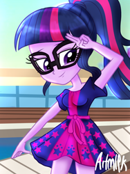 Size: 1800x2400 | Tagged: safe, artist:artmlpk, imported from derpibooru, sci-twi, twilight sparkle, equestria girls, equestria girls series, spring breakdown, spoiler:eqg series (season 2), clothes, cruise, cruise ship, cute, digital art, dress, female, flowing hair, glasses, hand on head, looking at you, luxe deluxe, ponytail, smiling at you, solo, swimming pool, twiabetes