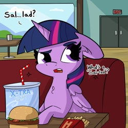 Size: 1080x1080 | Tagged: safe, artist:tjpones, imported from derpibooru, twilight sparkle, alicorn, pony, bossy boots, burger, drink, female, floppy ears, food, french fries, meat, omnivore twilight, ponies eating meat, raised eyebrow, soda, solo, spongebob squarepants, this will end in sickness, this will end in weight gain, twilight burgkle, twilight sparkle (alicorn)