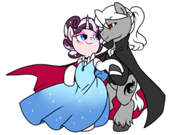 Size: 1276x996 | Tagged: safe, artist:yokokinawa, imported from derpibooru, oc, oc only, oc:dracula, oc:violet quill, unicorn, blushing, cape, clothes, dancing, dress, female, gala dress, looking at each other, male, mare, red eyes, simple background, stallion, straight, unshorn fetlocks, white background