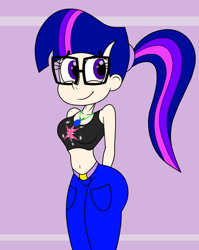 Size: 1350x1700 | Tagged: safe, artist:mashoart, imported from derpibooru, sci-twi, twilight sparkle, equestria girls, belly button, belt, clothes, female, glasses, hands behind back, human coloration, jewelry, midriff, pants, pendant, ponytail, sleeveless, smiling, solo, tanktop