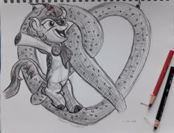 Size: 2794x2147 | Tagged: safe, artist:rockhoppr3, imported from derpibooru, autumn blaze, kirin, crazy ex-girlfriend, female, food, monochrome, neo noir, partial color, pretzel, rachel bloom, solo, traditional art, voice actor joke