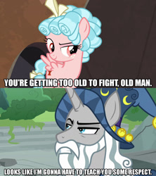 Size: 1280x1440 | Tagged: safe, edit, edited screencap, imported from derpibooru, screencap, cozy glow, star swirl the bearded, pegasus, unicorn, frenemies (episode), shadow play, caption, female, filly, image macro, male, meme, text