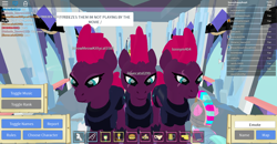 Size: 1360x705 | Tagged: safe, imported from derpibooru, tempest shadow, pony, unicorn, 3d, broken horn, clone, clones, crystal castle, crystal empire, female, game screencap, horn, mare, roblox, roleplay is magic, scar, triality, trio, triple