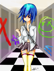 Size: 2509x3281 | Tagged: safe, artist:manhunterj, imported from derpibooru, dj pon-3, vinyl scratch, human, clothes, female, graffiti, humanized, miniskirt, pleated skirt, shirt, skirt, socks, solo, teenager, thigh highs, zettai ryouiki