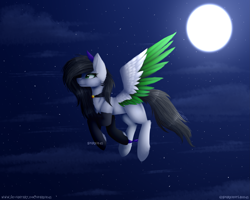 Size: 3729x2987 | Tagged: safe, artist:sparkie45, imported from derpibooru, oc, oc only, oc:flower draw, pegasus, pony, female, flying, mare, moon, night, solo