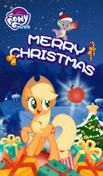 Size: 750x1280 | Tagged: safe, imported from derpibooru, applejack, spike, earth pony, pony, apple, chinese, christmas, christmas tree, cute, food, hat, holiday, jackabetes, my little pony logo, official, present, santa hat, snow, tree