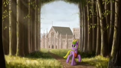 Size: 1024x576 | Tagged: safe, artist:adagiostring, imported from derpibooru, pony, castle, forest, scenery, solo