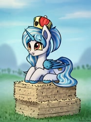 Size: 1024x1366 | Tagged: safe, artist:adagiostring, imported from derpibooru, oc, oc only, oc:quine, alicorn, pony, alicorn oc, crown, cute, female, hay bale, horn, jewelry, mare, regalia, single, solo