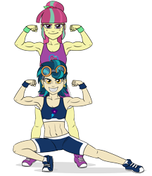 Size: 1280x1479 | Tagged: safe, artist:verumteednp, deleted from derpibooru, imported from derpibooru, indigo zap, sour sweet, equestria girls, abs, armpits, badass, beautiful, belly button, biceps, clothes, commission, confident, converse, cutie mark on clothes, flexing, gym shorts, indigo max, legs, looking at you, muscles, muscular female, sexy, shoes, shorts, simple background, sneakers, sour swole, sports bra, tomboy, transparent background, wristband, wwe