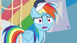 Size: 1280x720 | Tagged: safe, imported from derpibooru, screencap, rainbow dash, pegasus, pony, 2 4 6 greaaat, cap, coach rainbow dash, female, hat, mare, open mouth, solo