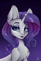 Size: 853x1280 | Tagged: safe, artist:athenawhite, imported from derpibooru, rarity, pony, unicorn, beautiful, bust, chest fluff, ear fluff, eyeshadow, female, glowing horn, horn, lipstick, looking at you, makeup, mare, night, night sky, portrait, purple lipstick, sky, smiling, solo, stars