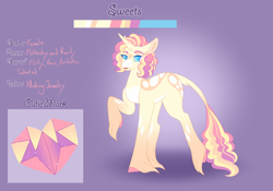 Size: 3500x2454 | Tagged: safe, artist:clay-bae, artist:nobleclay, imported from derpibooru, oc, oc only, oc:sweets, pony, unicorn, female, magical lesbian spawn, mare, offspring, parent:fluttershy, parent:rarity, parents:flarity, reference sheet, solo, unshorn fetlocks