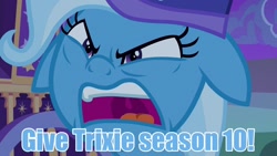 Size: 1280x720 | Tagged: safe, edit, edited screencap, idw, imported from derpibooru, screencap, trixie, pony, to where and back again, spoiler:comicseason10, angry, caption, demanding, ears back, female, floppy ears, hat, image macro, meme, nightcap, season 10, solo, talking to viewer, text, text edit, trixie yells at everything, trixie's nightcap, trixie's wagon