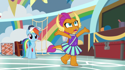 Size: 1920x1080 | Tagged: safe, imported from derpibooru, screencap, rainbow dash, smolder, dragon, pegasus, pony, 2 4 6 greaaat, arms in the air, ball, banner, box, cap, chalkboard, cheerleader, cheerleader outfit, cheerleader smolder, clothes, coach rainbow dash, dragoness, fangs, female, folded wings, hat, horns, net, open mouth, raised leg, unamused, whistle, whistle necklace, wings