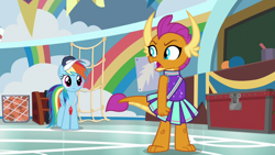 Size: 1920x1080 | Tagged: safe, imported from derpibooru, screencap, rainbow dash, smolder, dragon, pegasus, pony, 2 4 6 greaaat, angry, betrayed, cheerleader, cheerleader outfit, cheerleader smolder, clenched fist, clothes, coach rainbow dash, coaching cap, coaching whistle, confused, cute, dragoness, duo, fangs, female, folded wings, glare, gym, horns, mare, open mouth, pleated skirt, rant, skirt, slit eyes, slit pupils, smolder is not amused, smolderbetes, teacher and student, teenaged dragon, teenager, toes, unamused, whistle, whistle necklace, wings, yelling