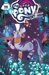 Size: 1054x1600 | Tagged: safe, artist:justasuta, idw, imported from derpibooru, zecora, pony, zebra, spoiler:comic, spoiler:comic89, cover, ear piercing, earring, female, grin, hooves, jewelry, mare, mushroom, neck rings, night, piercing, season 10, smiling, solo, tree