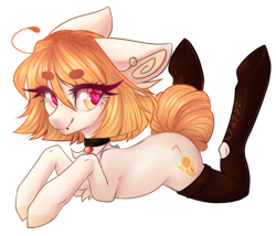 Size: 1882x1614 | Tagged: safe, artist:monogy, imported from derpibooru, oc, oc only, oc:summer shine, earth pony, pony, chest fluff, choker, clothes, ear piercing, earring, female, heart eyes, jewelry, mare, piercing, prone, simple background, socks, solo, thigh highs, transparent background, wingding eyes