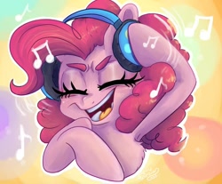 Size: 1190x987 | Tagged: safe, artist:wimsie, imported from derpibooru, pinkie pie, earth pony, pony, armpits, bust, clothes, eyes closed, headphones, listening, open clothes, portrait, solo