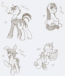 Size: 840x971 | Tagged: safe, artist:ravenpuff, imported from derpibooru, oc, oc only, oc:charlie foxtrot, oc:cold cash, oc:pike, oc:pitch patch, earth pony, pony, unicorn, fallout equestria, book, cigar, clothes, earth pony oc, glowing horn, hat, horn, lineart, magic, raider, raised hoof, smoking, telekinesis, traditional art, unicorn oc