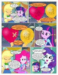 Size: 612x792 | Tagged: safe, artist:greatdinn, artist:newbiespud, edit, edited screencap, imported from derpibooru, screencap, applejack, pinkie pie, rarity, comic:friendship is dragons, equestria girls, equestria girls (movie), balloon, balloon popping, bottle, cider, clothes, collaboration, comic, crossed arms, cutie mark on clothes, dialogue, eyes closed, freckles, grin, hat, heart balloon, needle, open mouth, party balloon, popping, screencap comic, smiling, tape, thinking, unamused