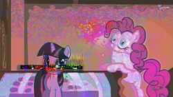 Size: 659x371 | Tagged: safe, edit, edited screencap, imported from derpibooru, screencap, pinkie pie, twilight sparkle, swarm of the century, creepy, error, glitch art