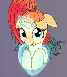 Size: 2990x3459 | Tagged: safe, artist:wenni, imported from derpibooru, oc, oc only, oc:sheron, pony, unicorn, female, gradient background, heart, looking at you, magic, mare, ponytail, simple background, smiling, solo